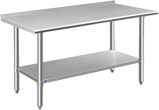 ROCKPOINT Stainless Steel Table for Prep & Work with Backsplash 24x60 Inches, NSF Metal Commercial Kitchen Heavy Duty Table with Adjustable Under Shelf and Table Foot for Restaurant, Home and Hotel