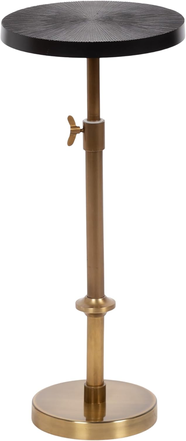 Kate and Laurel Engles Traditional Adjustable-Height Pedestal Drink Table, 10 x 10 x 30, Antique Brass and Black, Vintage Round Indoor Metal Plant Stand with Embossed Sunburst Pattern