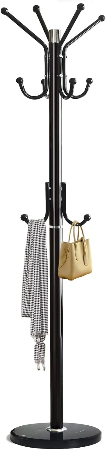 Kertnic Modern Coat Rack Freestanding with Natural Marble Base & Sturdy Metal Frame, 11 Hooks Hall Tree for Jackets, Hats, Bags, Entryway Organizer for Bedroom, Living Room, Closet (Black)
