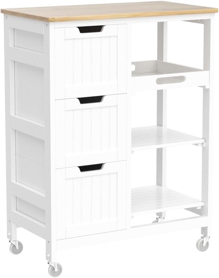 Yaheetech Kitchen Island Cart on Wheels with Bamboo Countertop, Rolling Serving Utility Trolley Cart with 3 Drawers, 3 Removable Shelves & Lockable Casters, Storage Cabinet for Dining Room, Bar, White
