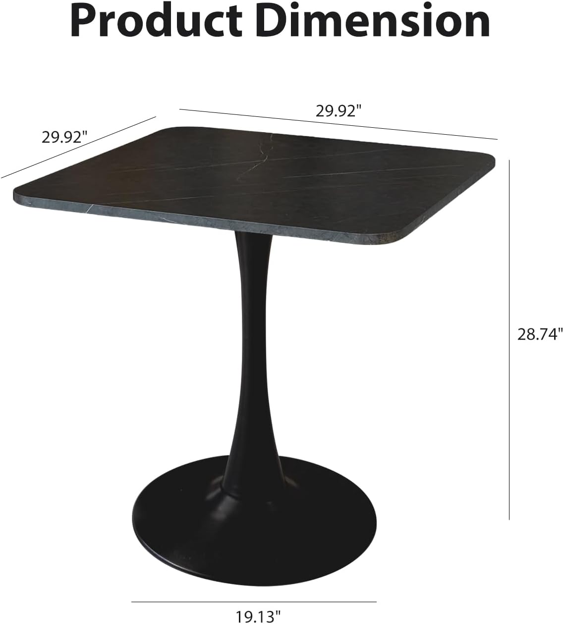 Square Modern Dinning Table 30 inches for 2-4 Bistro Tulip Table with Faux Marble top,Easy Assemble,Sturdy Metal Frame Diameter 30in*H28.74in (Black, 30in)