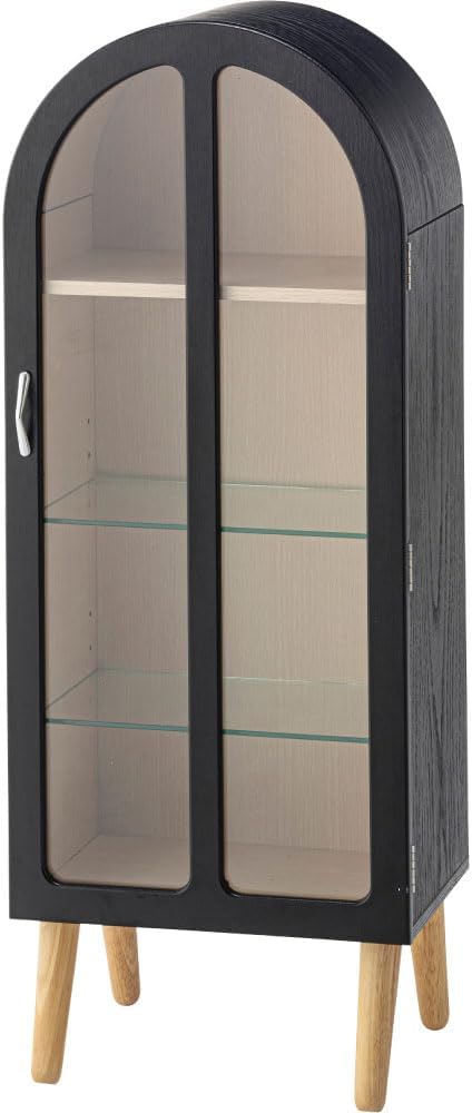 PaletteLife Arched Figurine-Case 4 Tier Collection Shelf, Oak Wood Grain with Glass Door and 2 Movable Glass Shelves, No Mirror, Black, PT-621BK