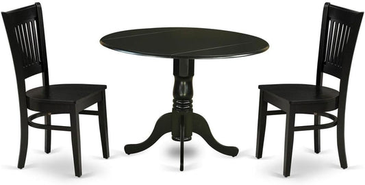 East West Furniture DLVA3-BLK-W 3 Piece Dinette Set for Small Spaces Contains a Round Dining Table with Dropleaf and 2 Dining Chairs, 42x42 Inch, Black