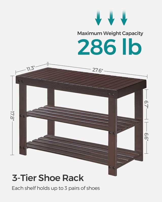 SONGMICS Shoe Rack Bench, 3-Tier Bamboo Shoe Storage Organizer, Entryway Bench, Holds Up to 286 lb, 11.3 x 27.6 x 17.8 Inches, for Entryway Bathroom Bedroom, Brown ULBS04Z