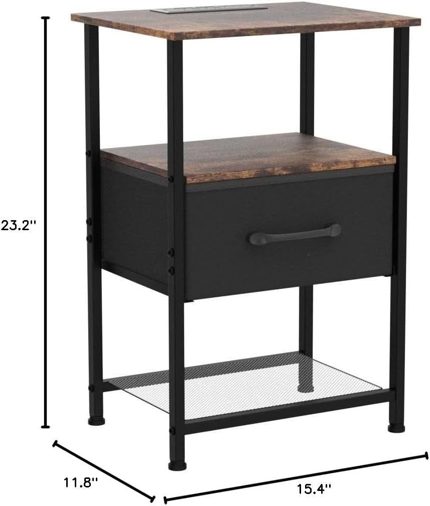 Nightstands Set of 2 with Charging Station and Drawer, End Table Bedside Table with 20 Colors LED Light Strip and 2 Layers Shelf for Bedroom Living Room (Rustic Brown)