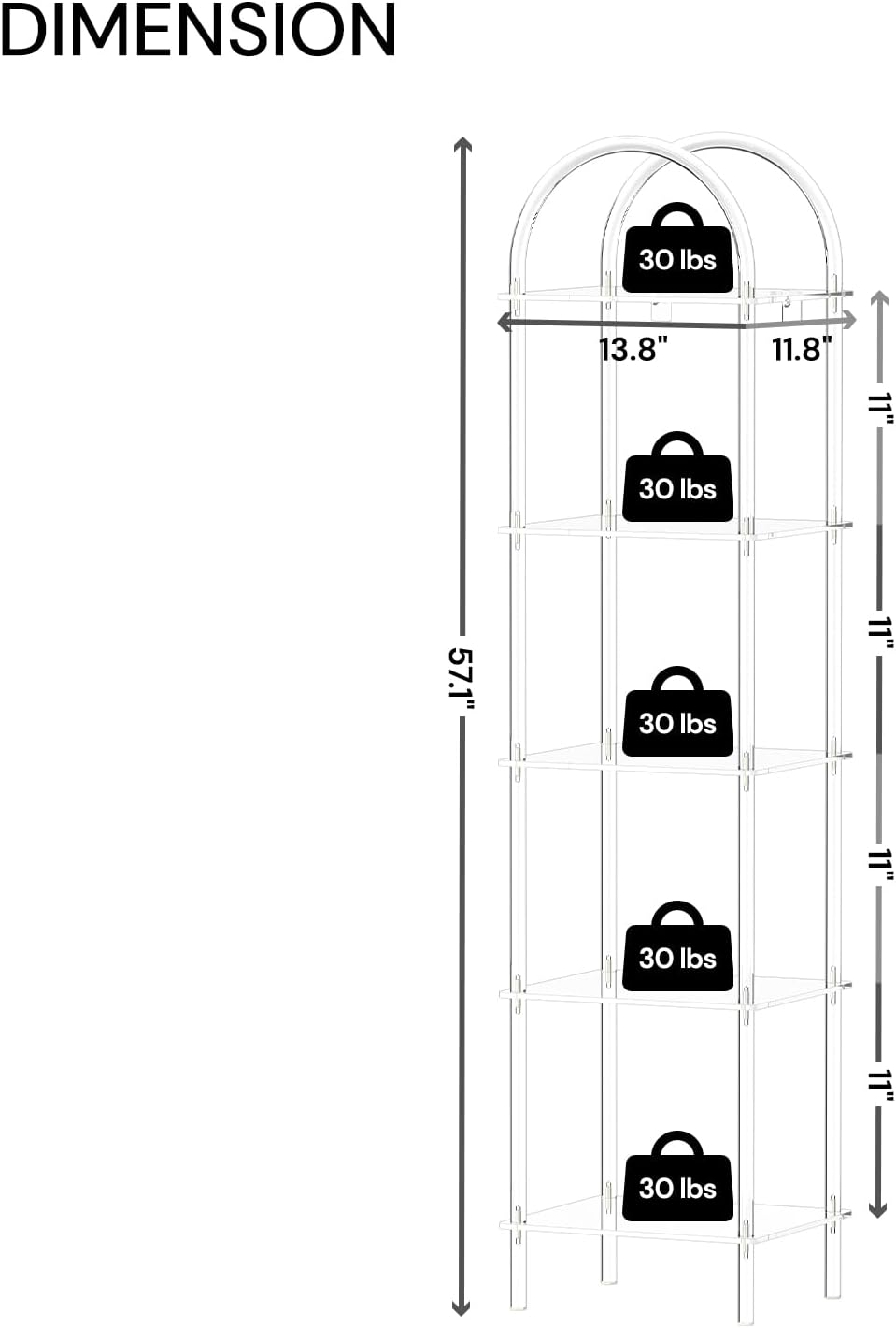 5-Tier Acrylic Arched Bookcase, Clear Narrow Bookshelf for Small Space, 13.8''W x 11.8''D x 57.1''H, Open Display Book Shelves for Home Office, Living Room, Bedroom, Modern