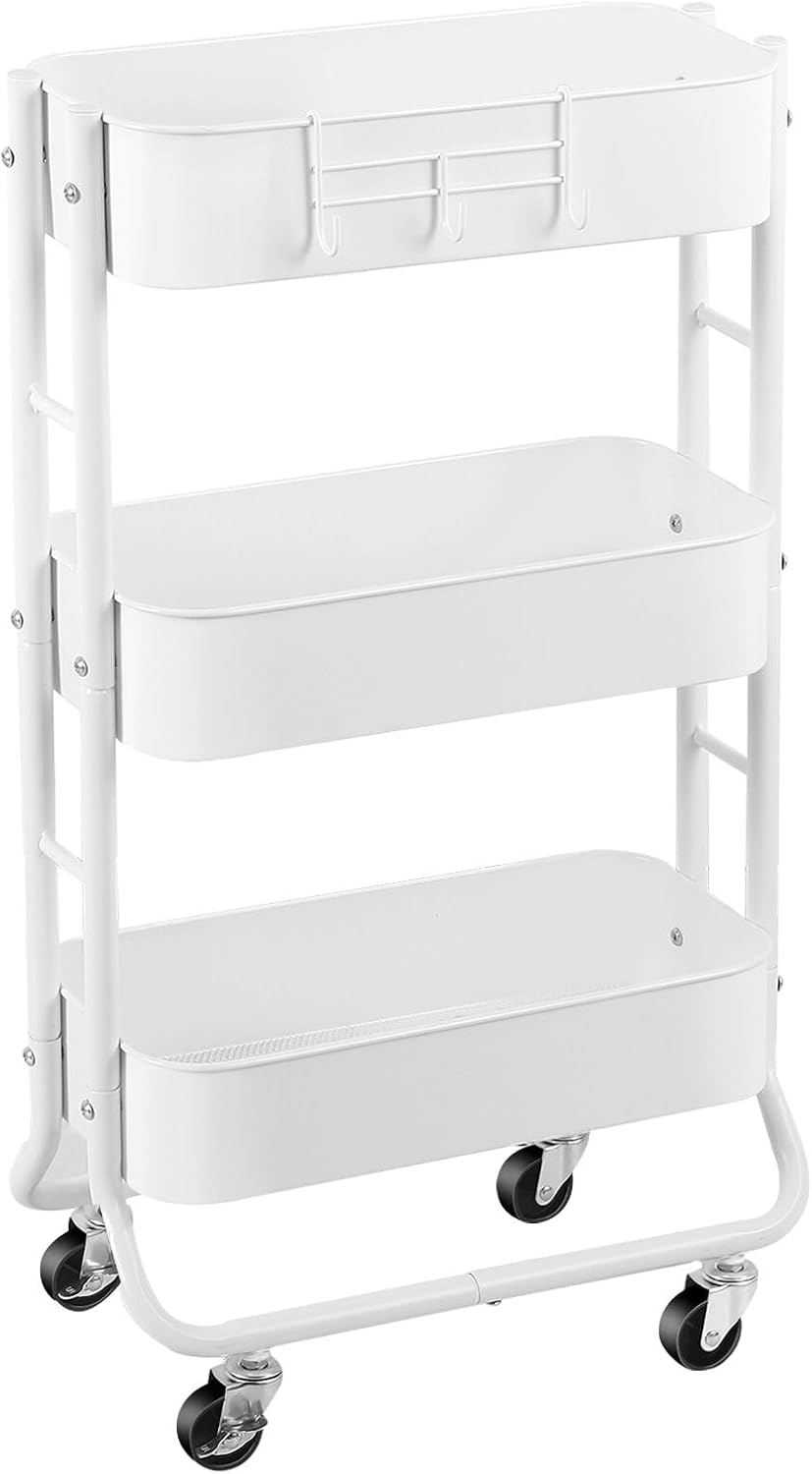 MAX Houser Slim 3-Tier Rolling Utility Cart, Narrow Metal Bathroom Storage Multifunctional Organizer Carts with Wheels with Extra Hook, Laundry Room,Kitchen,Small Space(White)