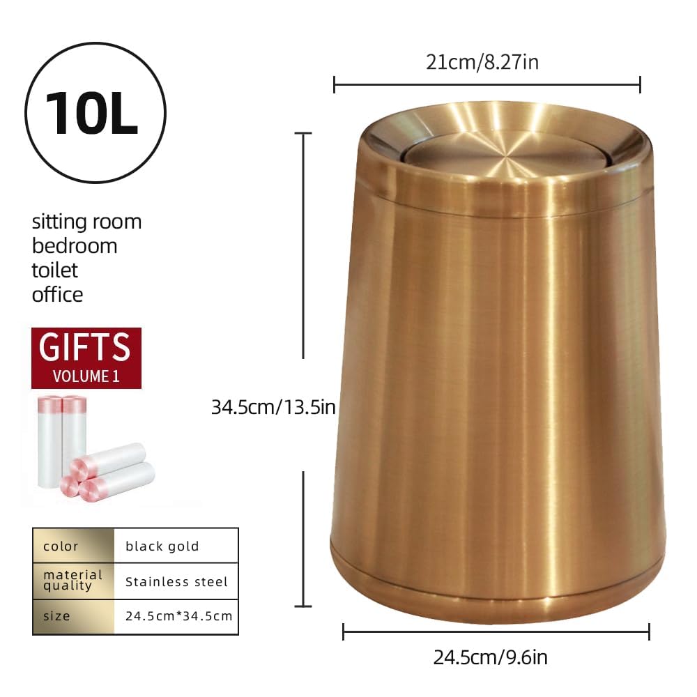 10 L/2.6Gallen,Swing Lid Gold Brass Trash Can,Brushed Nickel Garbage Can Bathroom with Flipping Lid,for Bathroom, Living Room,Bedroom,Hotel (Rose Gold)