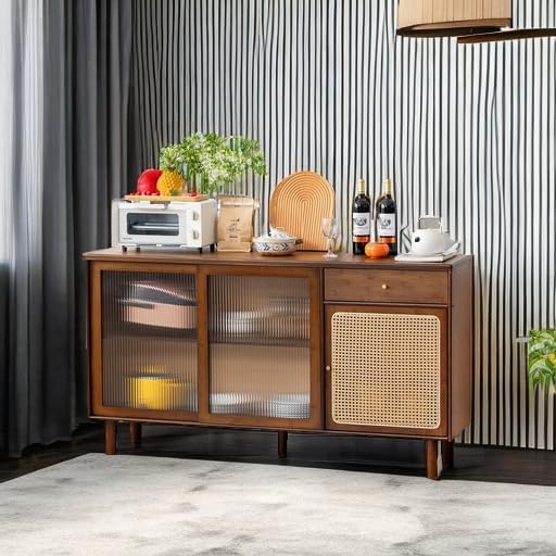 Tiita Bamboo Sideboard Buffet Cabinet, Rattan Kitchen Storage Cabinet with Drawer, Boho Coffee Bar Tables for Kitchen Hallway Office, Walnut