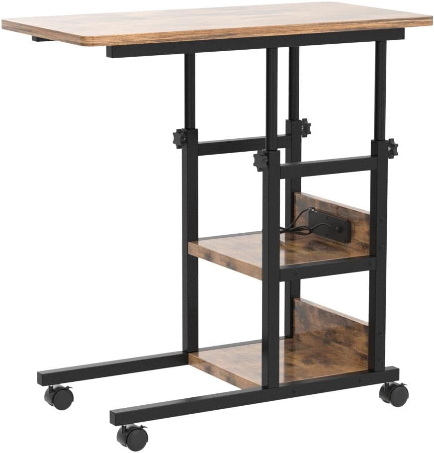 C Shaped End Table Height Adjustable - Couch Side Table with Charging Station, TV Tray with Wheels Slide Under Sofa for Small Spaces, Living Room Bedroom, Rustic Brown