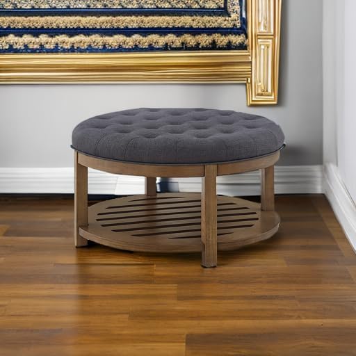 24KF Large Round Upholstered Tufted Linen Ottoman Coffee Table, Large Footrest Ottoman with Wood Shelf Storage-Charcoal