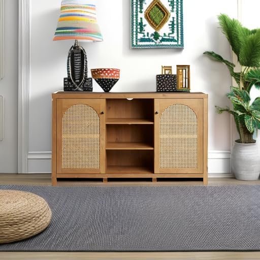 Walker Edison Sasha 2-Door Sideboard Buffet with Arched Rattan Panels, 58 Inch, English Oak