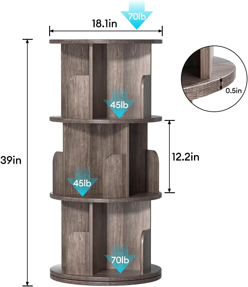 Nidouillet Rotating Bookshelf, Revolving Bookcase 360 Display Round Bookshelf Narrow Swivel Corner Book Shelf Standing Bookcase for Adult Bedroom, Living Room (Oak Grey, 3 Tier)