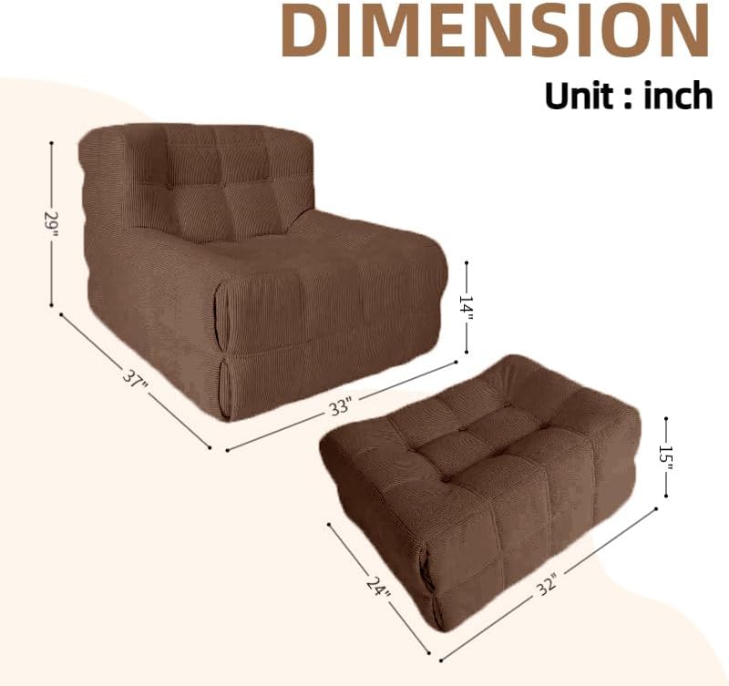 Bean Bag Chair - Memory Foam Bean Bag Chair for Adults, Comfy High-Resilience Single Sofa, Small Space Floor Chair, Chaise Lounge for Living Room, Bedroom (Dark Brown, Square+Ottoman)
