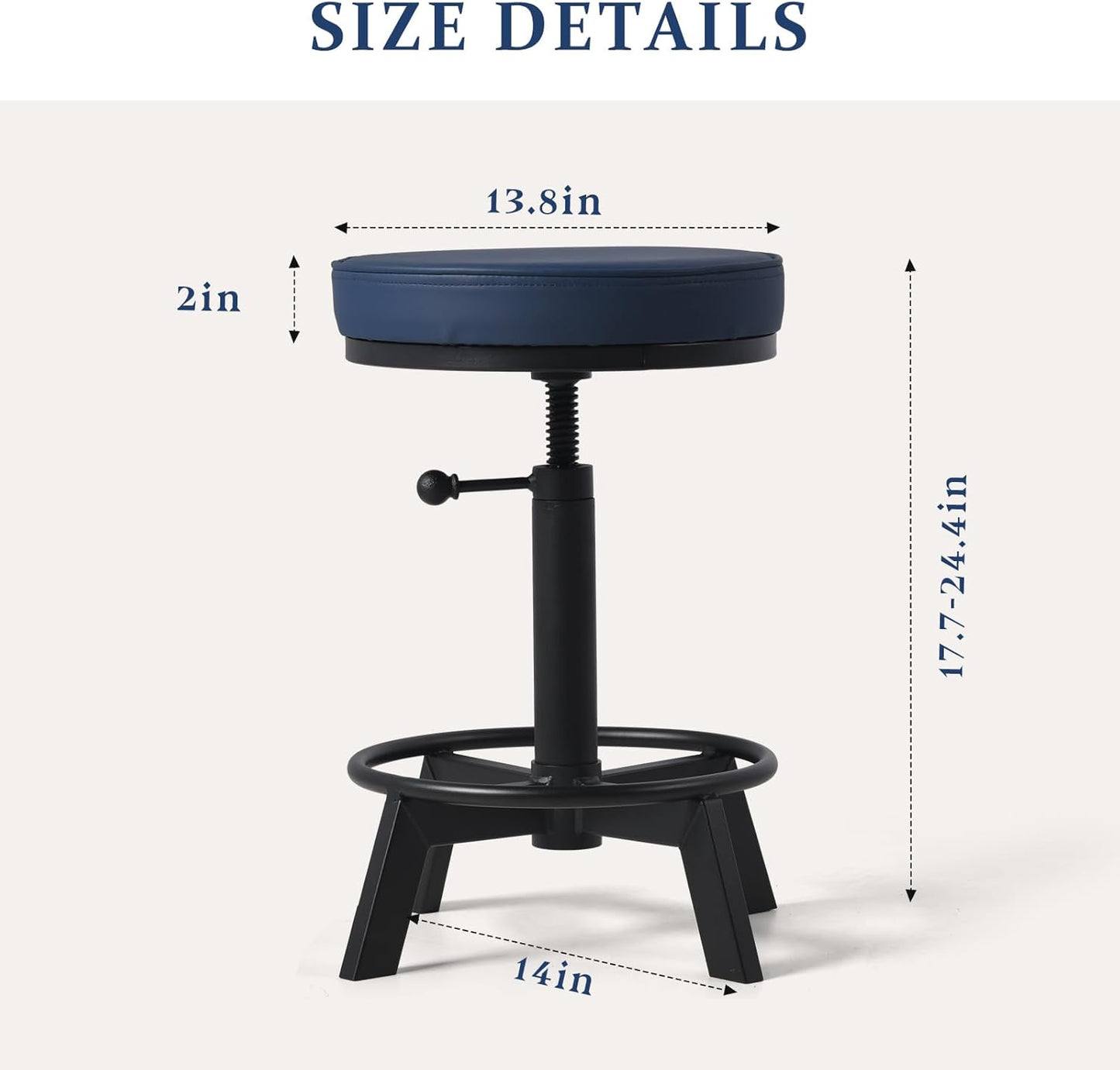 Vintage Short Bar Stools Industrial Swivel Counter Stools 17-24inch Height Adjustable Rustic Leather PU Seat Chairs for Kitchen Island Extra Seat Beside Sofa (Dark Blue)
