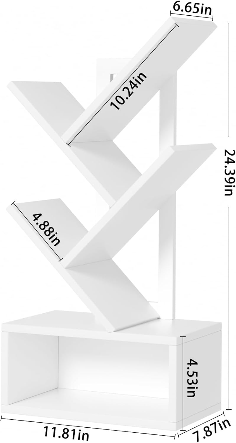 Small Tree Book Shelf,5 Tier Black Tree Bookshelf,White Desktop Bookcase,Modern Desk Display Storage Bookshelves,Floor Standing Organizer Bookcases for Living Room,Bedroom,Office