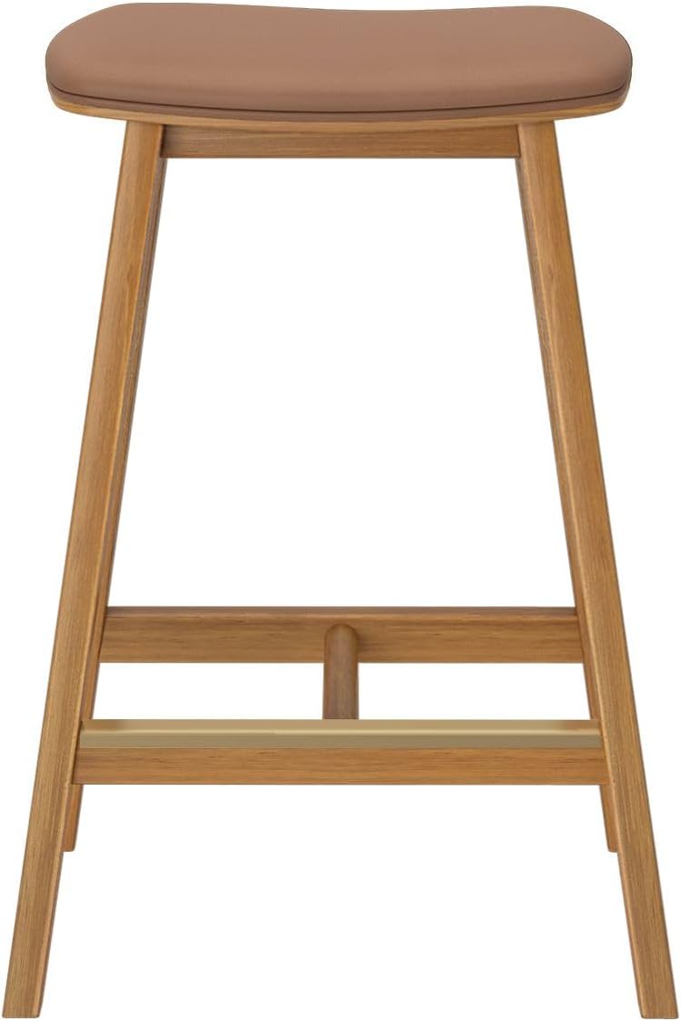 Plank+Beam Beryl Counter Height Stool - Mid-Century Modern Rubberwood Bar Stool with Faux Leather Seat, Metal Footrest, Easy Assembly, 4-Pack, Pecan/Toffee