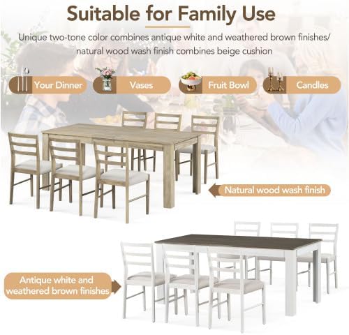 SogesHome 7-Piece Dining Table Set for 6-8 People, Extendable Solid Rubber Wood Kitchen Table with Leaf & 2 Storage Drawers, Chairs with Soft Cushion, Perfect for Kitchen, Dining Room (Brown + White)
