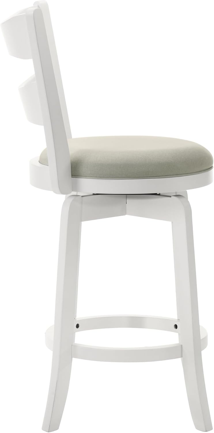 Armen Living Blair 26 in. Matte White Counter Height Rubberwood Swivel Barstool with Fog Fabric Seat - Set of 3