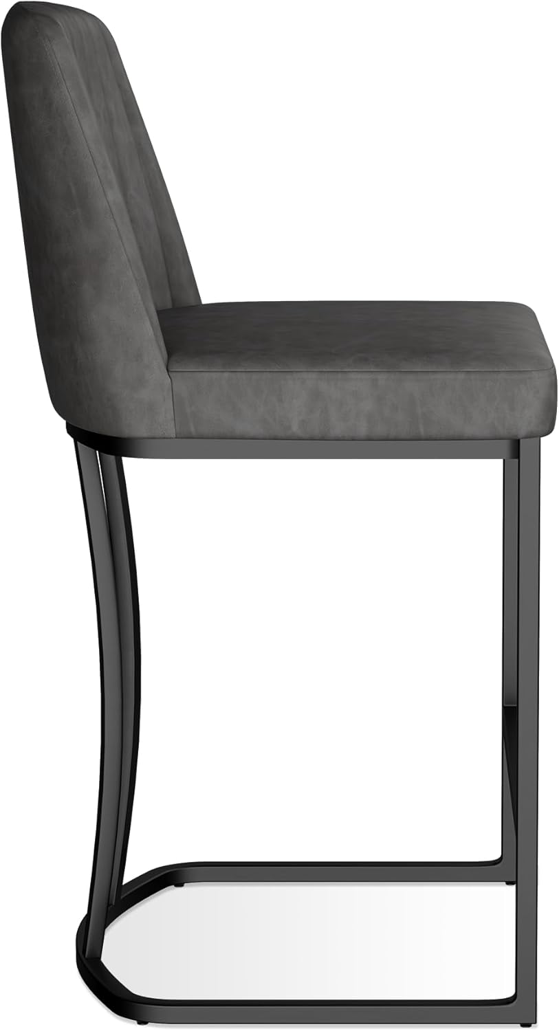 Bar Stools Set of 6, Faux Leather Counter Height Barstools, Upholstered Kitchen Counter Stools with Back and Stitching, 25.6" H Kitchen Island Stools Bar Chair, Metal Framed, Black Grey