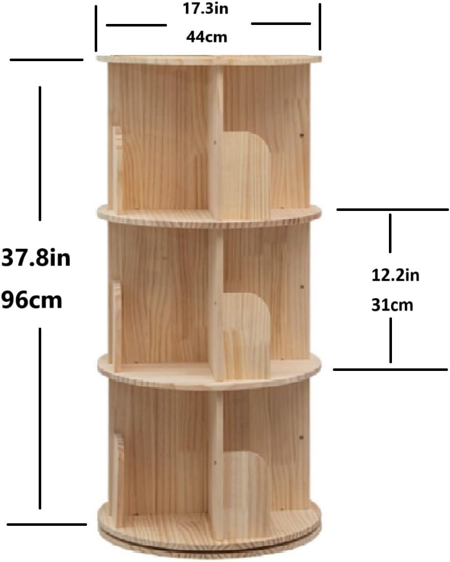 Heehee Wooden Rotating Bookshelf 360 Display Floor Standing Bookcase Storage Rack for Kids&Adults Multi-Functional Bookshelf Organizer (3-Tier)