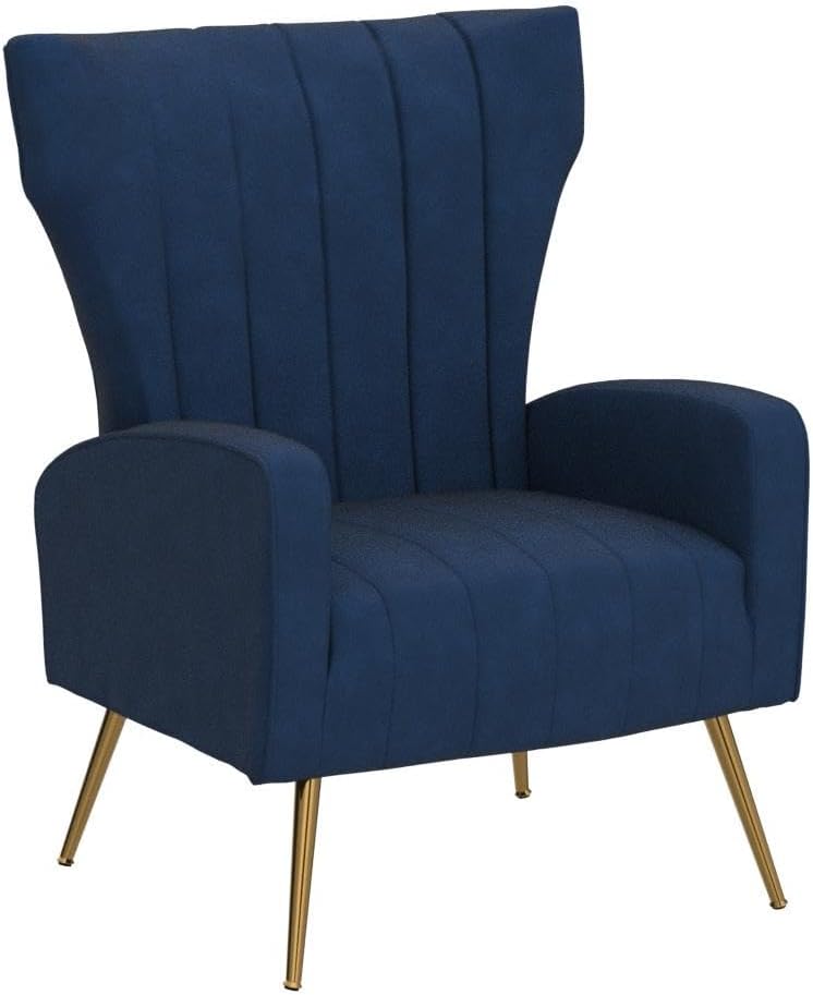 Container Furniture Direct Modern Velvet Accent Chair, Channel Tufted Bedroom, Office or Living Room Furniture with Elegant Metal Legs, 26" Wide Armchair, Blue