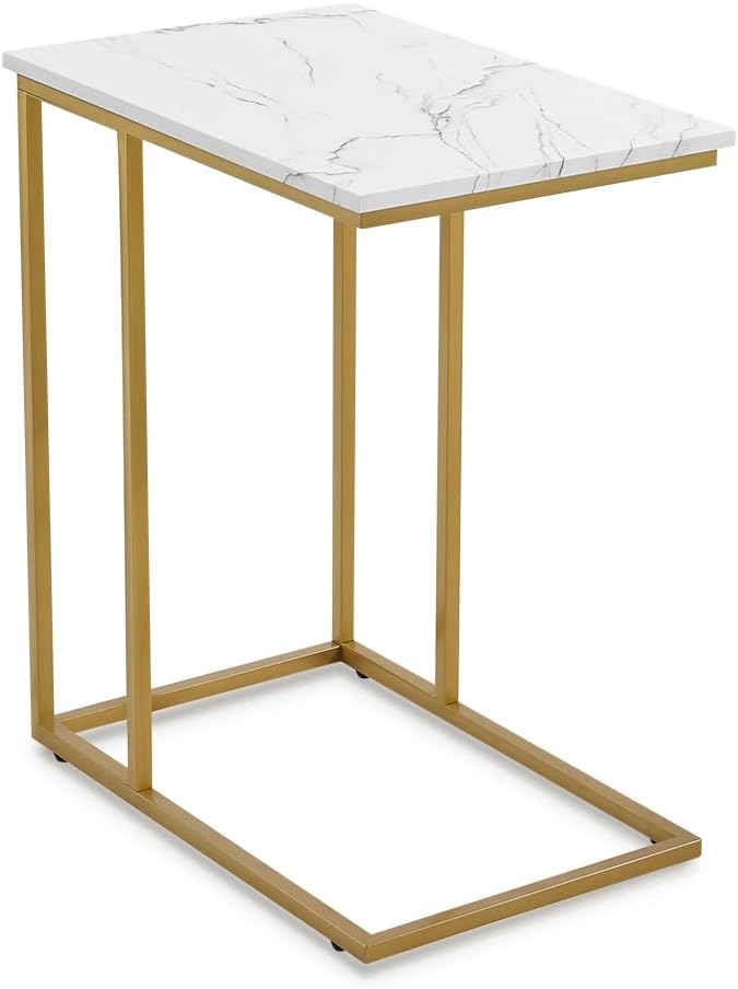 Large Size C Shaped Side Table End Table for Couch, Gold Side End Table with White Faux Marble Top, Modern Living Room Tray Table