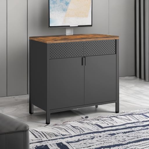 SONGMICS Storage Cabinet, Metal Cabinet, Sideboard with 2 Doors, 15.7 x 31.5 x 29.9 Inches, Magnetic Closure, Adjustable Shelf, Steel Frame, Rustic Brown and Black ULSC102B01