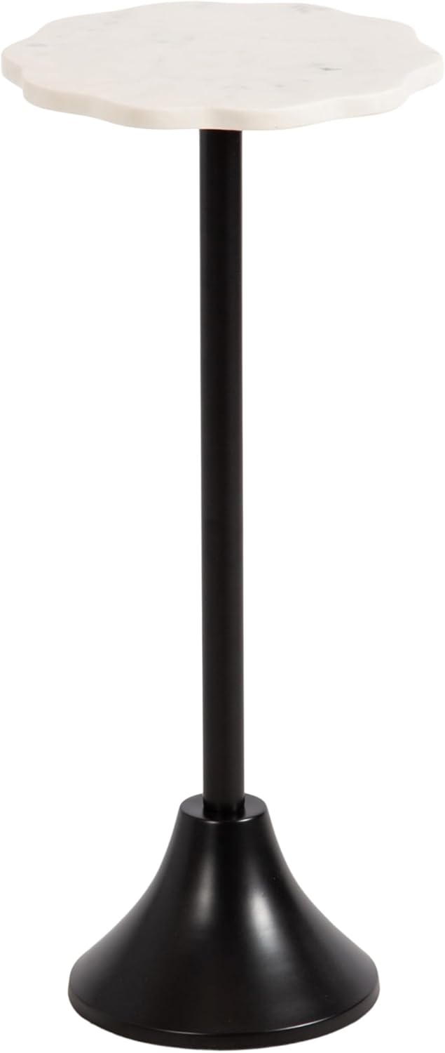 Kate and Laurel Sanzo Modern Pedestal Drink Table, 10 x 10 x 23, White Marble and Black, Decorative End Table with Scalloped Marble Tabletop for Use as Small Plant Stand or Cute Martini Table