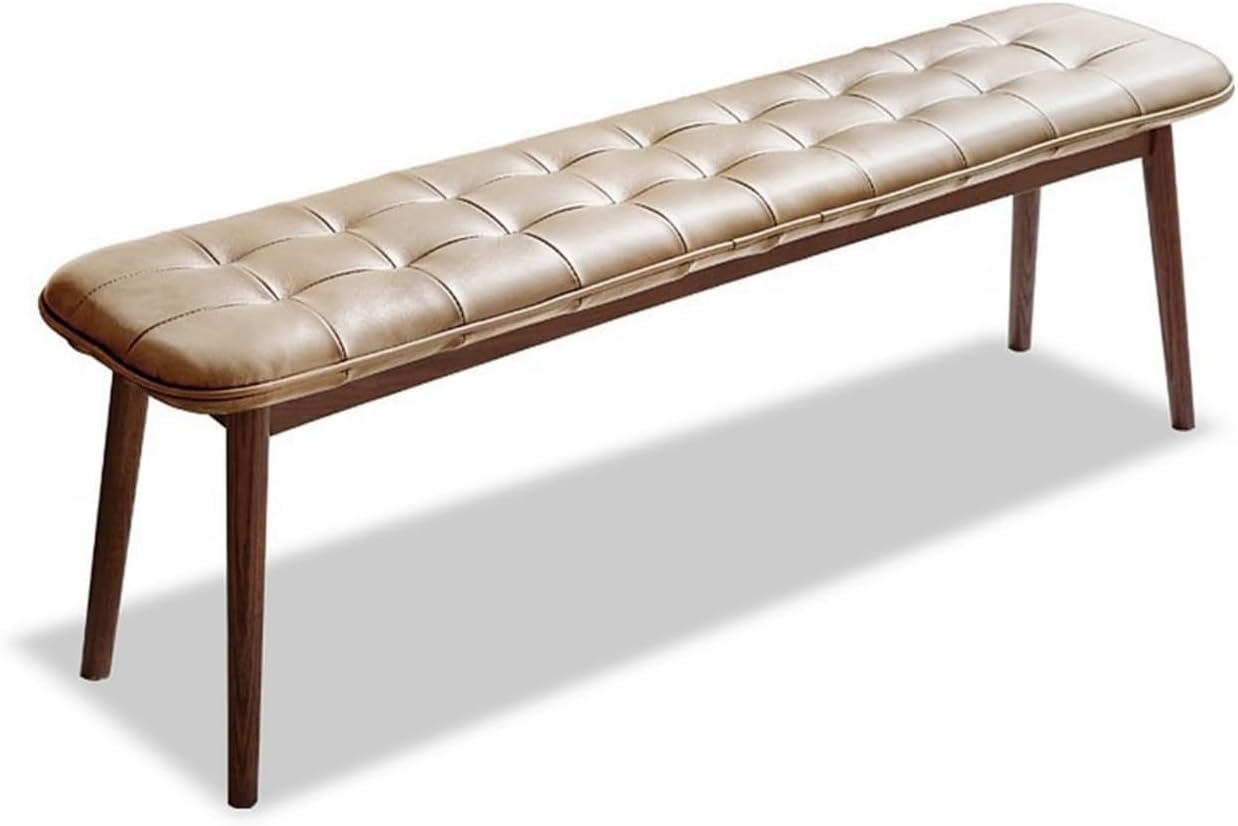 Upholstered Bench, 51.18 in Natural Oak Wood for Dining Table Bench for Living Room with Leather Cushion, End of Bed Footrest Stool Khaki