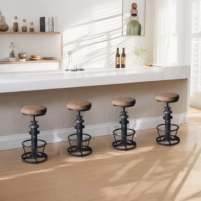 Industrial Bar Stools-Swivel Pu Seat-Vintage Kitchen Island Stool-Counter Bar Height Adjustable 25-31inch-Footrest