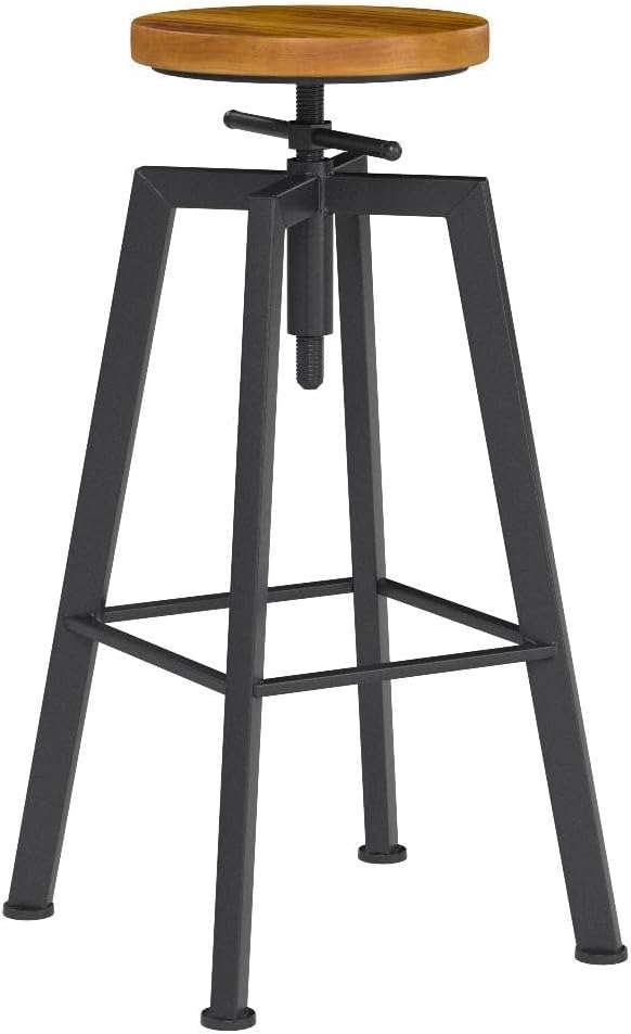 Vintage Adjustable Bar Stools Set of 2, Height Ranges from 24.8 to 30.8 inch, Natural Wood Seat and Heavy Metal Frame Rustic Industrial Swivel Bar Stools