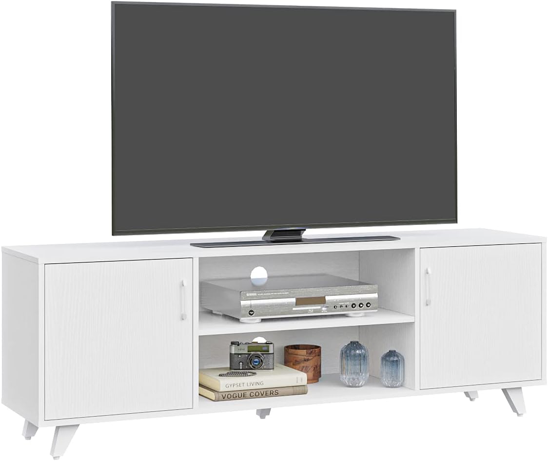 Panana Mid Century TV Stand Entertainment Center with 2 Doors, Wooden Medial Console Table for Living Room Furniture, 53.5" x 15" x 21.7" (White)