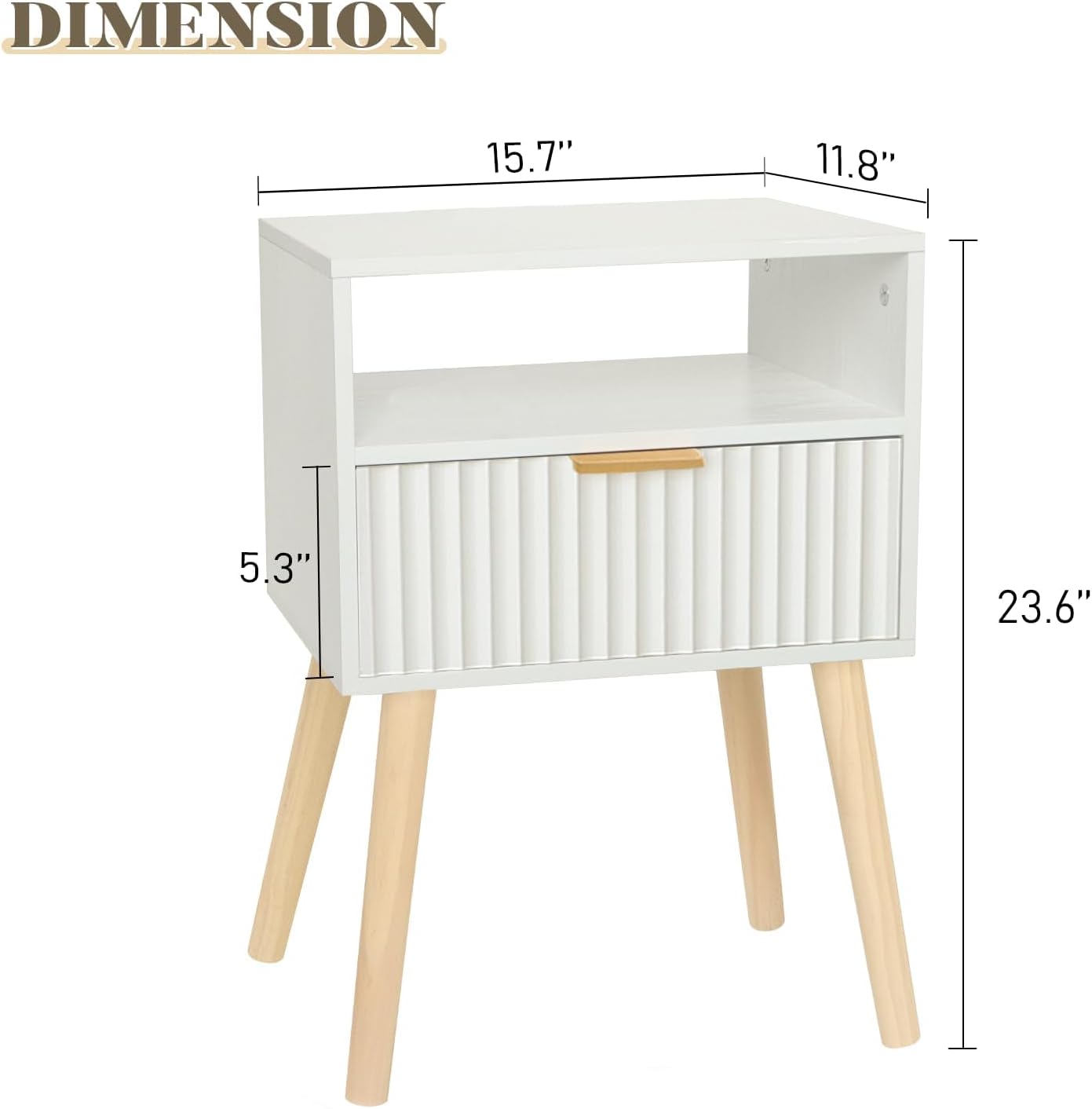 Night Stand, White Bedside Table with Drawers and Open Shelf, Fluted Nightstand with Solid Wood Legs for Bedroom, Dorm and Small Space (White)