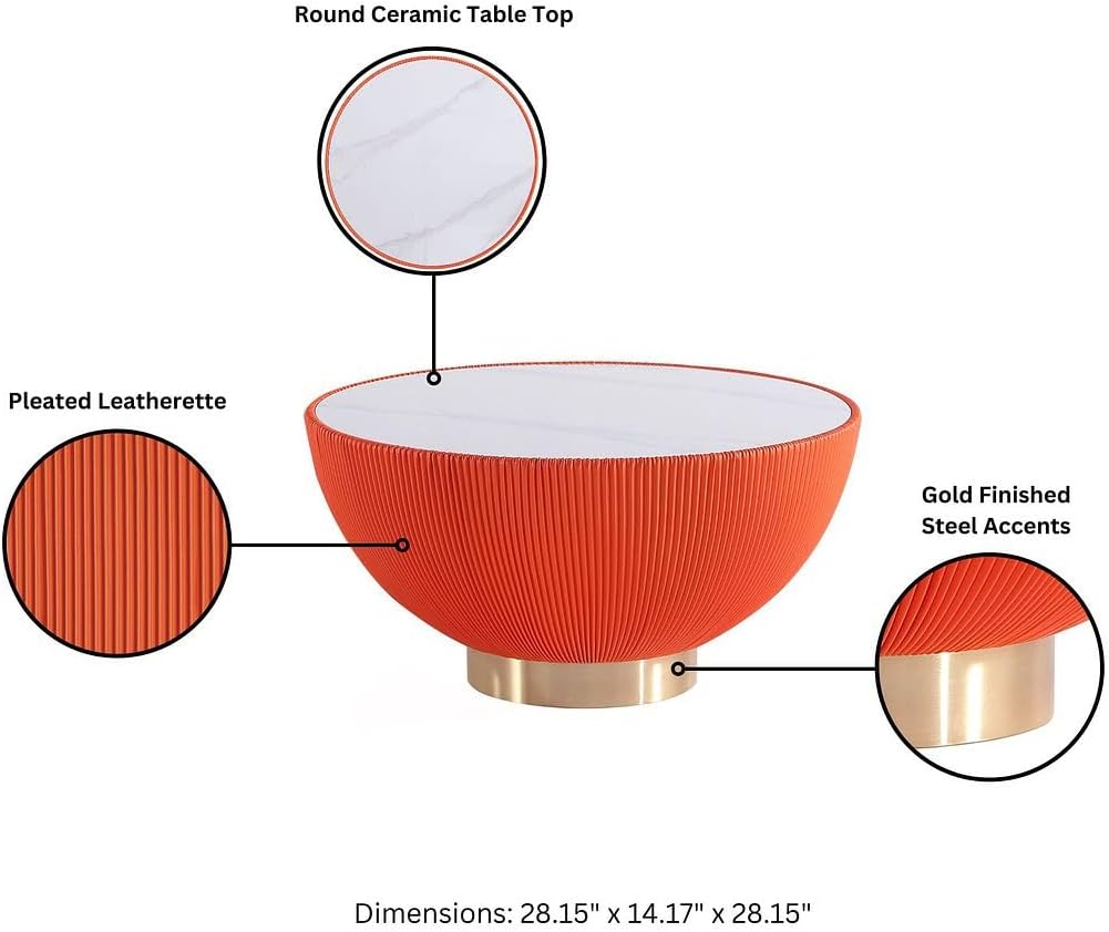 Manhattan Comfort Anderson Modern 28.15" Round Coffee Table 2.0 - Ceramic Marble Tabletop, Elegant Pleated Leatherette Details & Gold Base, Fully Assembled Accent Furniture, Set of 1, Orange