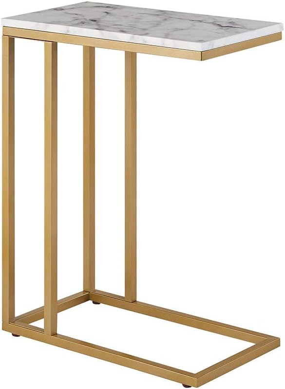 C-Shape Side End Table, Faux Marble Tray Snack Table with Metal Frame, Laptop Coffee Holder, Modern Furniture (Gold,1pcs)