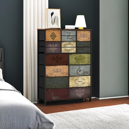 Dresser for Bedroom with 18 Drawers, Tall Fabric Storage Dresser, Chest of Drawers for Closet, Nursery, Bedside, Living Room, Laundry, Entryway, Hallway (Pattern)