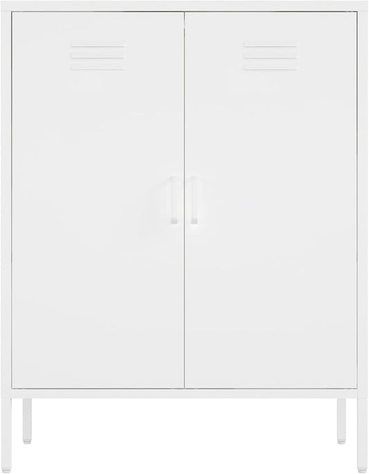 Manhattan Comfort Naomi Modern Metal Accent Cabinet, Minimalist Storage Cabinet with Doors & Adjustable Shelves, Vented Doors, Sturdy Steel Build, Versatile & Multi-Purpose Home Furniture, White