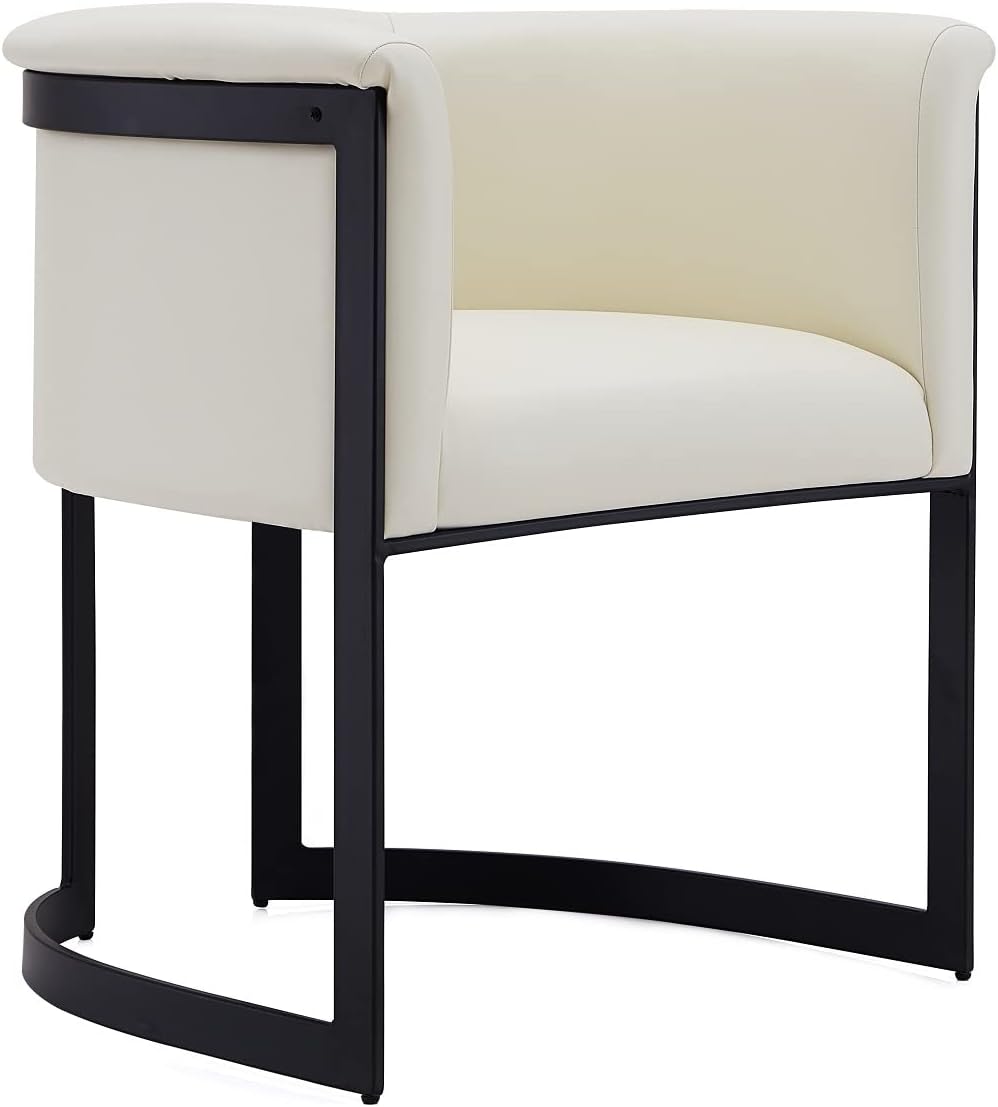 Manhattan Comfort Corso Faux Leather Upholstered Dining Chair, Barrel-Style Foam Padded Seat, Unique Geometric Metal Frame, Fully Assembled Accent Furniture, Cream