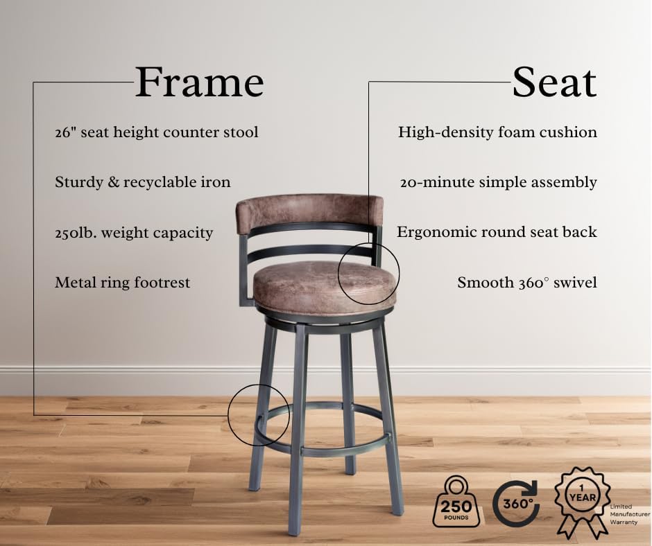 Armen Living Madrid 26" Seat Height Swivel Bandero Tobacco Faux Leather and Mineral Finish Bar Stool for Kitchen Island Counter