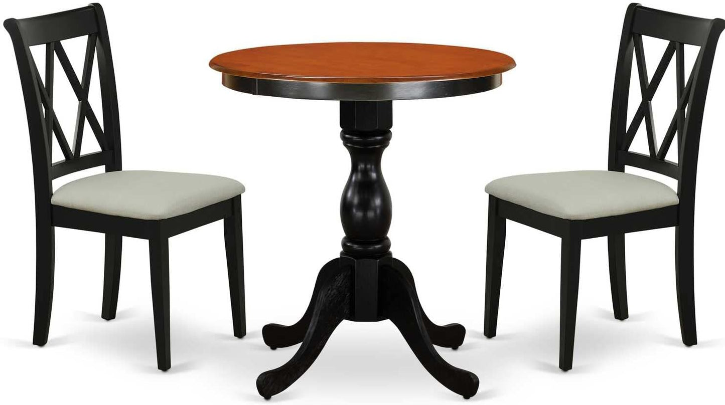 East West Furniture ESBR3-BCH-17 3 Piece Dining Table Set Contains a Round Dining Room Table with Pedestal and 2 Light Sable Linen Fabric Upholstered Chairs, 30x30 Inch, Black & Cherry
