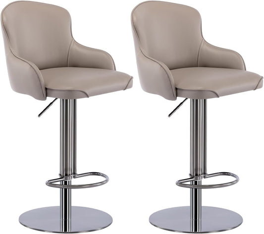 Black Titanium Stainless Steel Bar Stools,Grade Modern Leather Bar Chair with Backrest,Swivel Adjustable Height for Kitchen Counter and Dining Room (Grey Leather-2pcs)