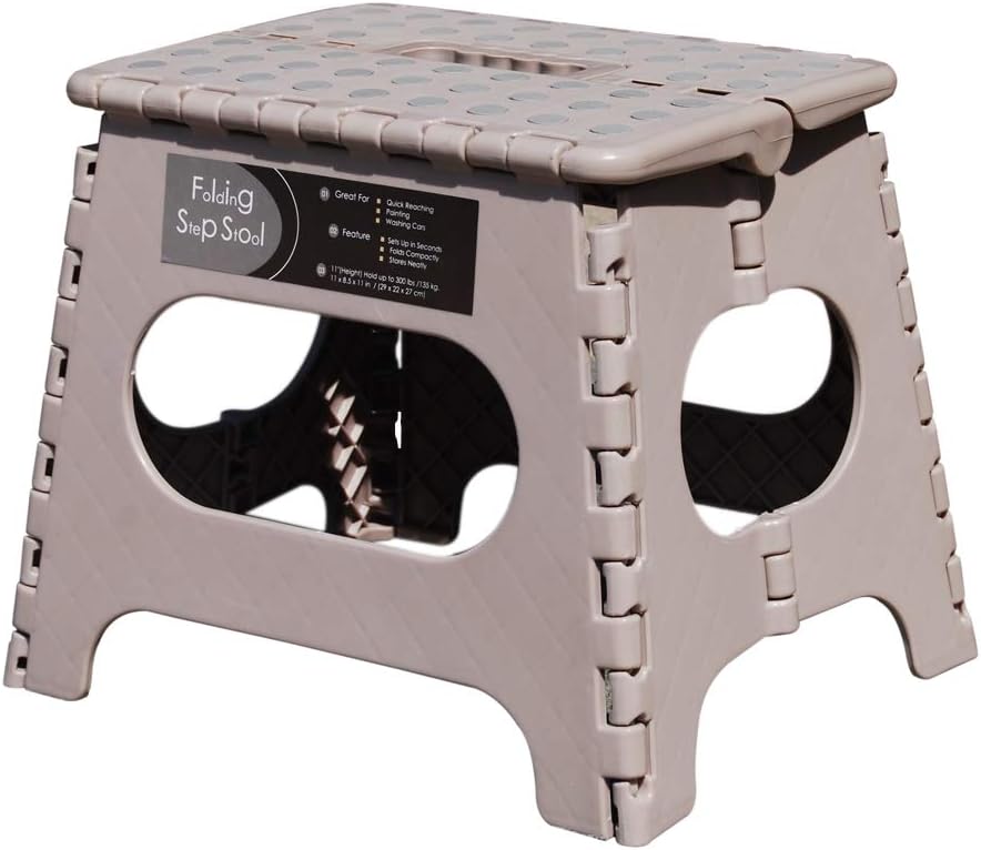 Non-Slip Folding Step Stool, Sturdy Safe Enough - Holds up to 300 Lb - 11 inch Footstool for Adults or Kids, Folding Ladder Storage/Opens Easy, for Kitchen,Toilet,Camping (Light Tan, 11'')