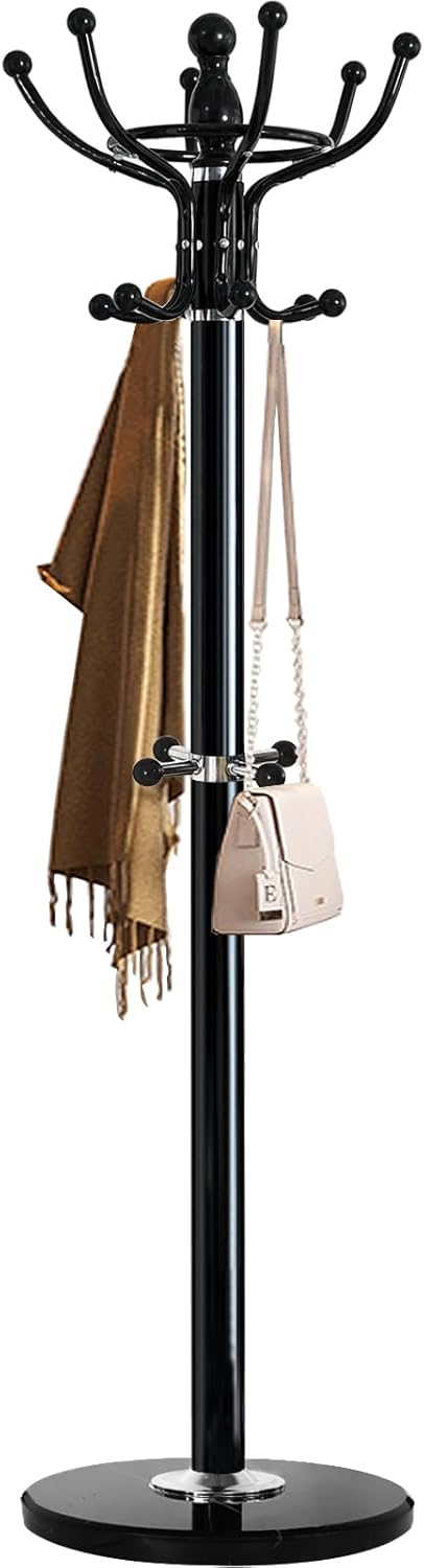 Kertnic Freestanding Coat Rack with 16 Hooks & Marble Base - Heavy Duty Metal Hall Tree Stand for Entryway, Hats, Coats, Bags Rack- Modern Hanger Organizer for Home, Office, Dorm (16 hooks -Black)