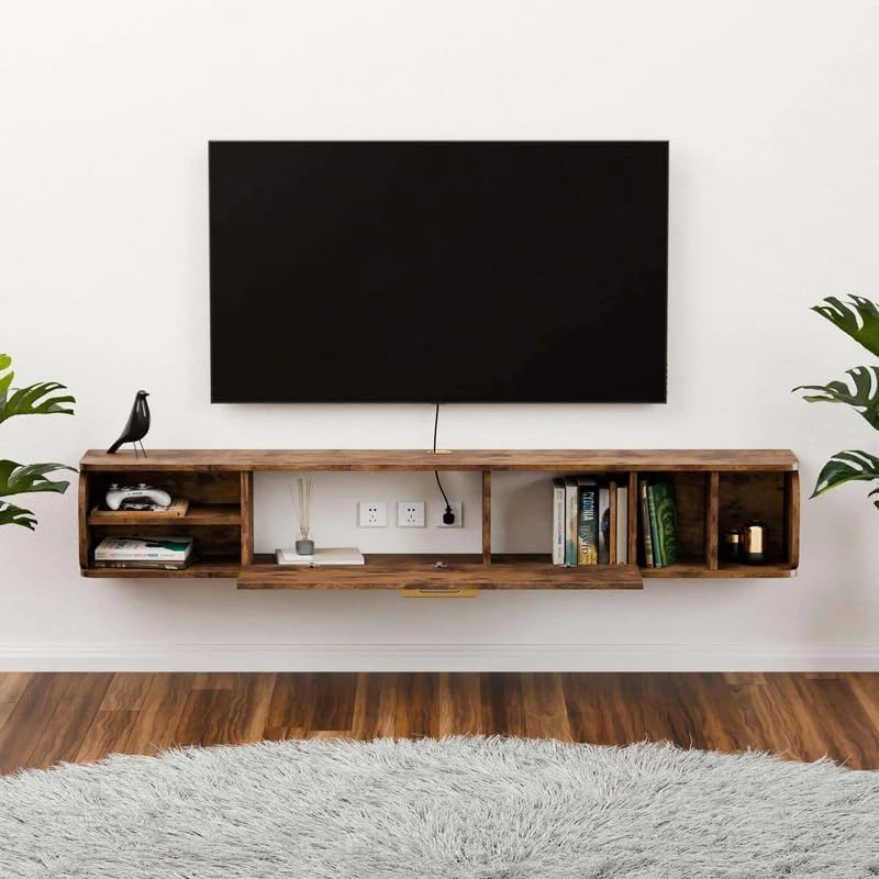 Floating TV Unit, 76'' Wall Mounted TV Cabinet, Floating Shelves with 4 Cabinets, Wood Entertainment Media Console Center Large Storage TV Bench for Living Room & Office (Rustic Brown)