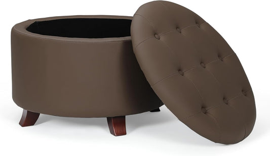 Athena Collection 24.5 Inch Small Ottoman with Storage, Round PU Leather Storage Ottoman Foot Rest with Removable Lid, Multipurpose Footstool Footrest for Livingroom, Bedroom, Dorm, Brown