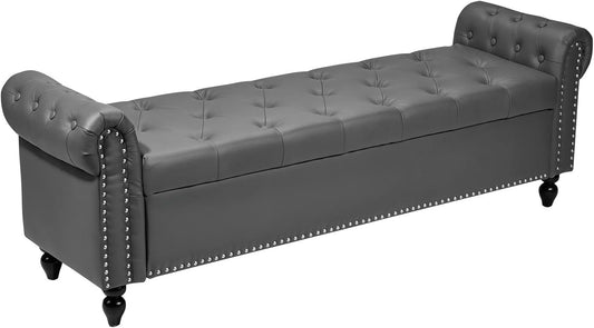 VEVOR Button-Tufted Storage Ottoman Bench, Rolled Arm PU Leather Bench with Solid Wood Legs, Modern Shoe Benches Seat for Entryway, Upholstered End of Bed Benches for Living Room, Dining Room, Gray