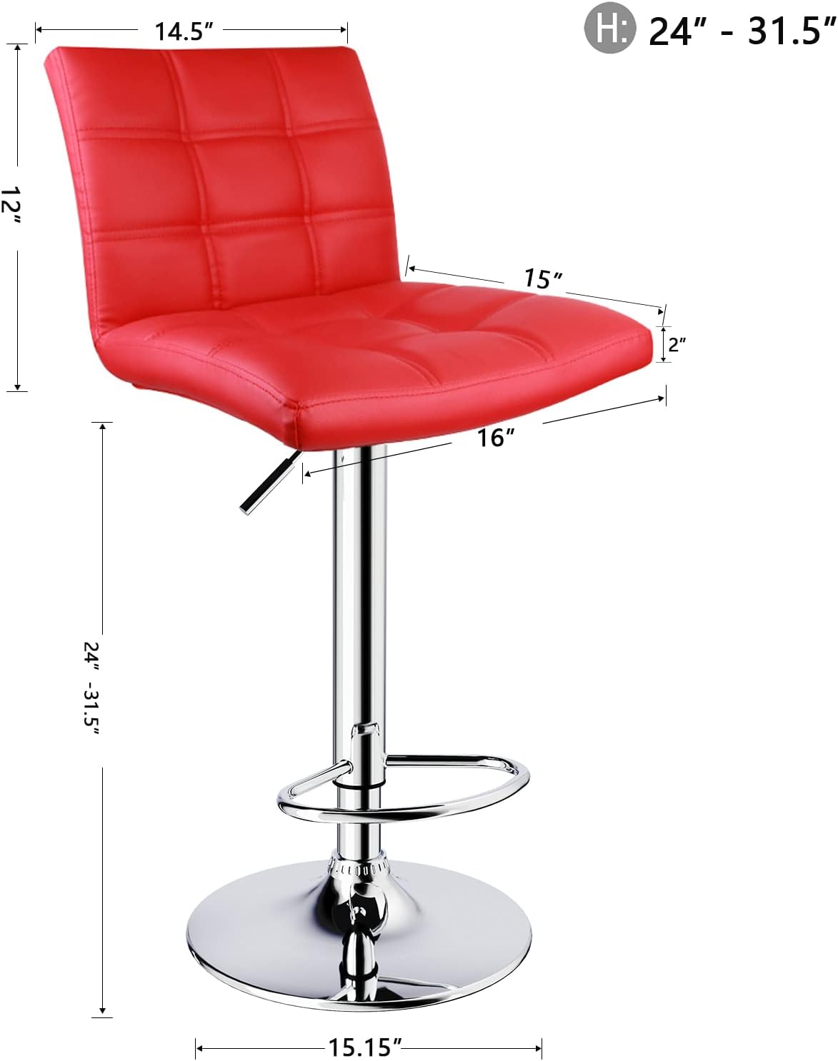 Leopard Adjustable Leather Bar Stools Square Back, Leather Padded with Back, Set of 2 (Red)