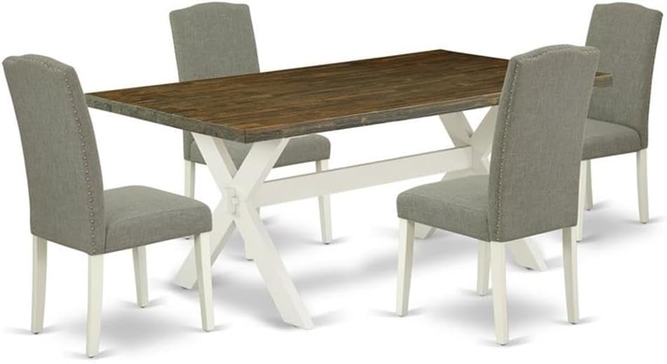 East West Furniture X077EN206-5 5 Piece Modern Dining Table Set Includes a Rectangle Wooden Table with X-Legs and 4 Dark Shitake Linen Fabric Parson Chairs, 40x72 Inch, Multi-Color