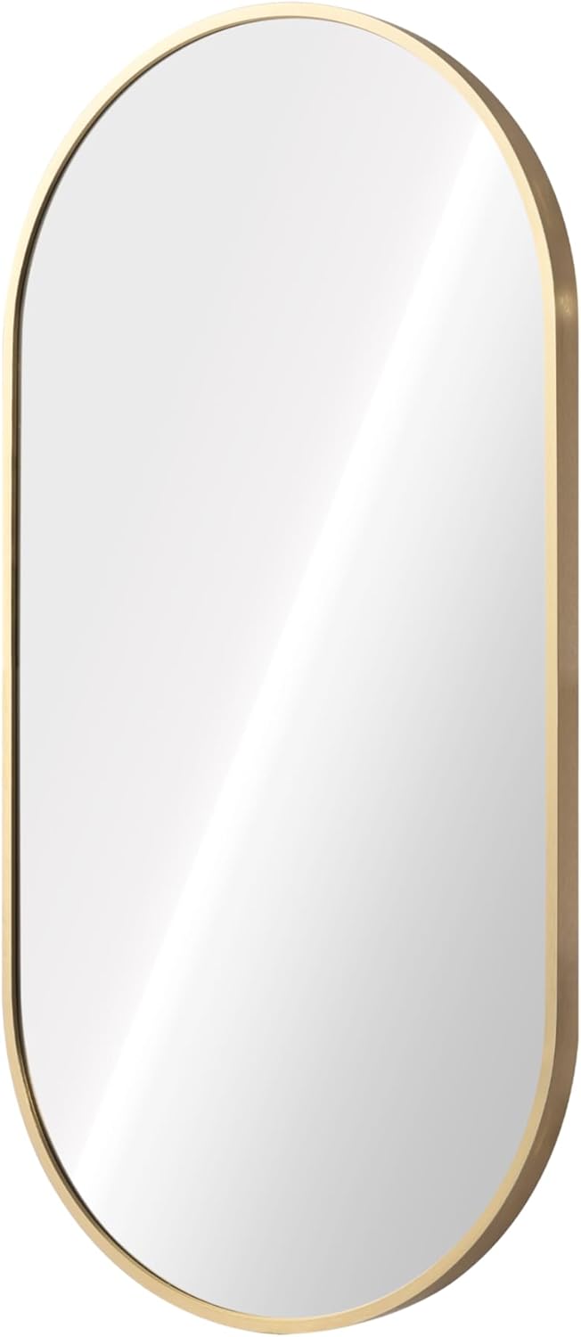 Navaris Oval Wall Mirror - 75 x 38 x 3 cm - Wall Mounted Hanging Mirror with Brushed Brass Rustproof Aluminium Frame - Mirror for Bathroom Bedroom Hallway